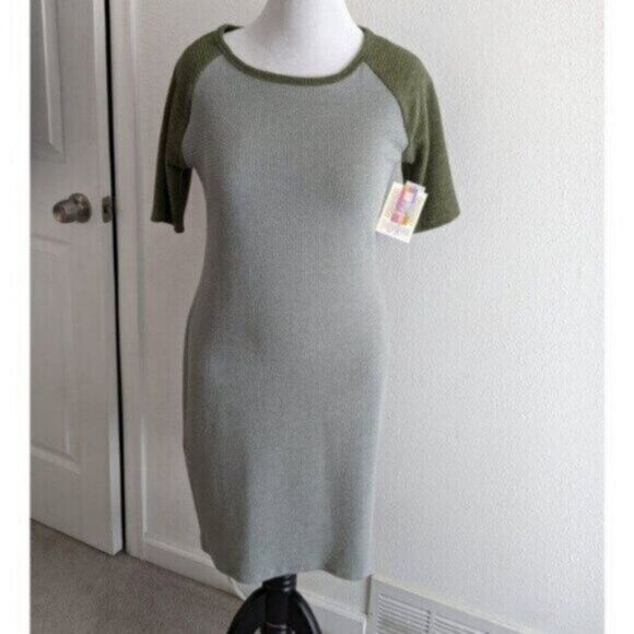 LuLaRoe Julia Dress Large NWT $45 Gray Olive Green Raglan Sleeves Stretch - Picture 2 of 13